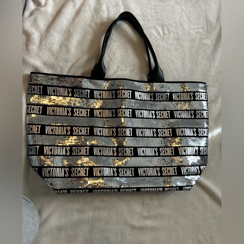 Victoria's Secret Black and Silver sequin weekender bag